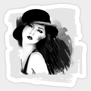 Girl with a Hat - Black & White Illustration Sticker